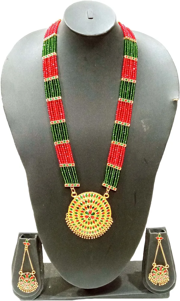 Assamese_Traditional_Gold_Plated_Red_Green_Colour_Japi_Tassel_Jewellery_Set_For_Women